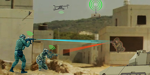 Illustration of soldiers in training with simulated laser engagement