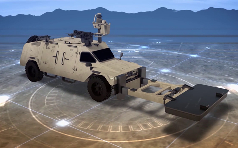 Armored vehicle with a detection device mounted on a front arm