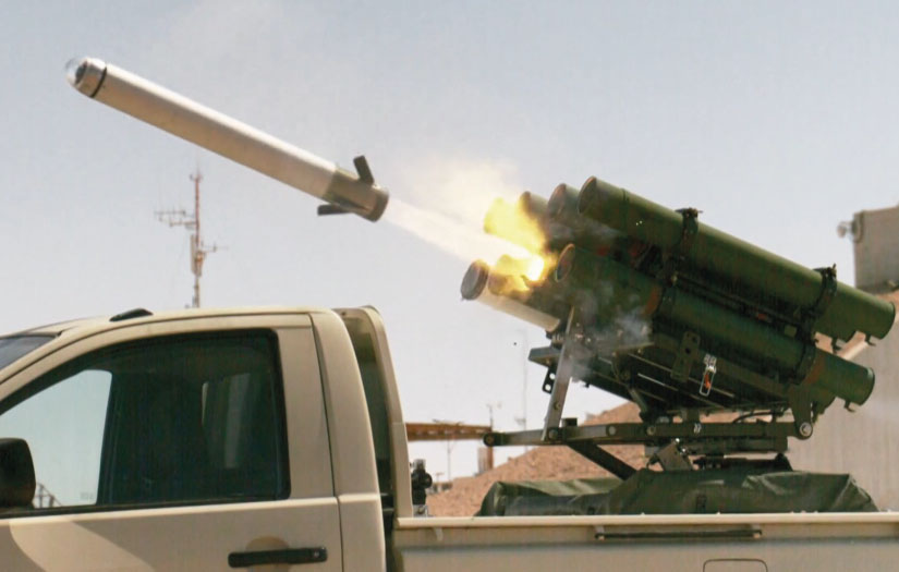 Missile launching from a launcher mounted on a pickup truck