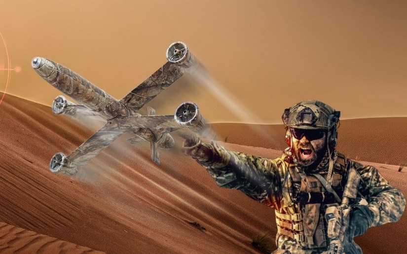 Soldier launching a small loitering munition in the desert