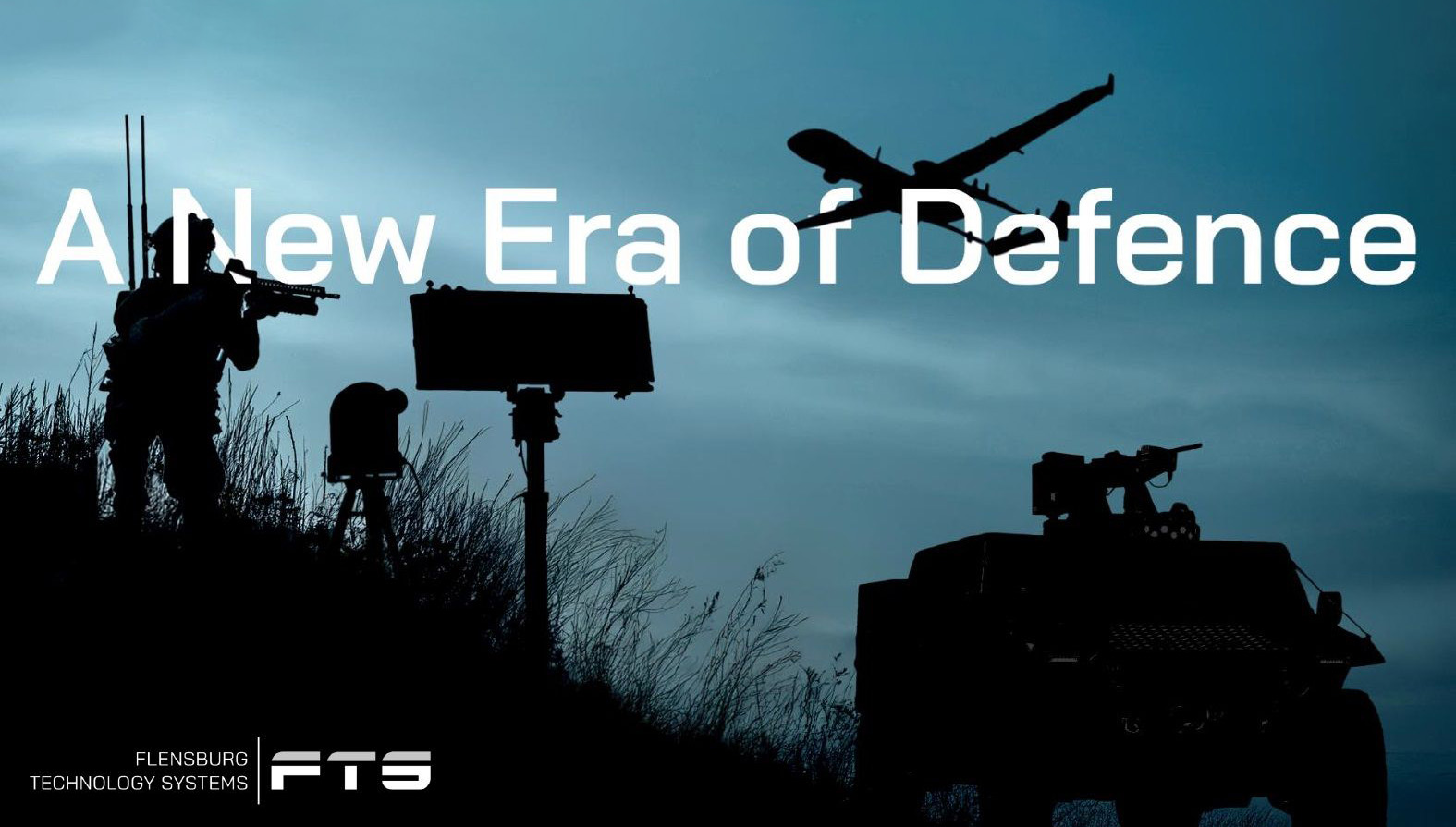 Silhouettes of soldier, drone and vehicle with the text “A New Era of Defence”