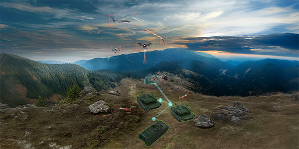 Illustration of networked armored vehicles and drones in a mountain valley