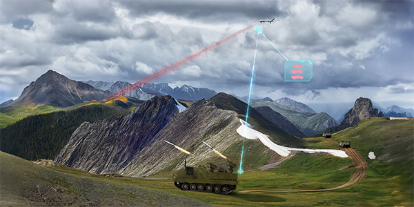 Illustration of a tracked vehicle engaging a target in the mountains