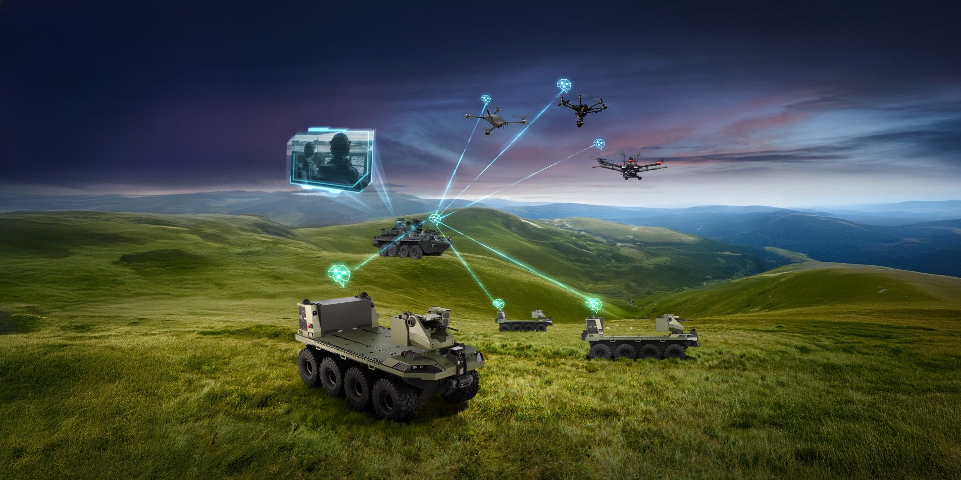 Illustration of networked unmanned ground vehicles and drones on green hills