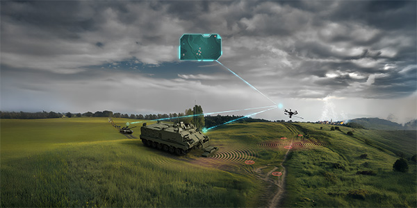 Illustration of a tracked vehicle linked to a drone over a field
