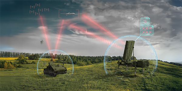 Illustration of vehicles with protective sensor domes intercepting threats