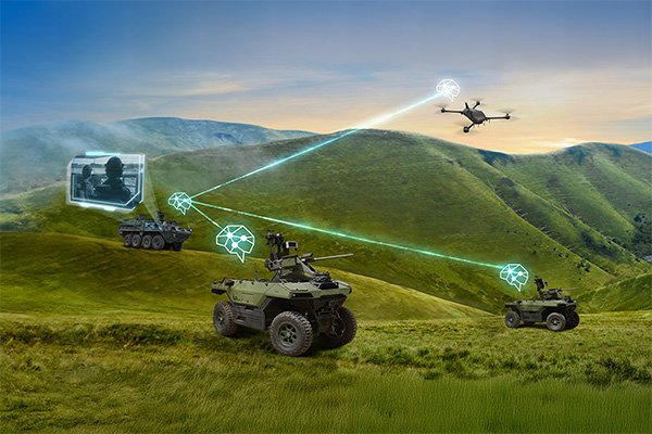 Illustration of unmanned ground vehicles linked to drones on green hills
