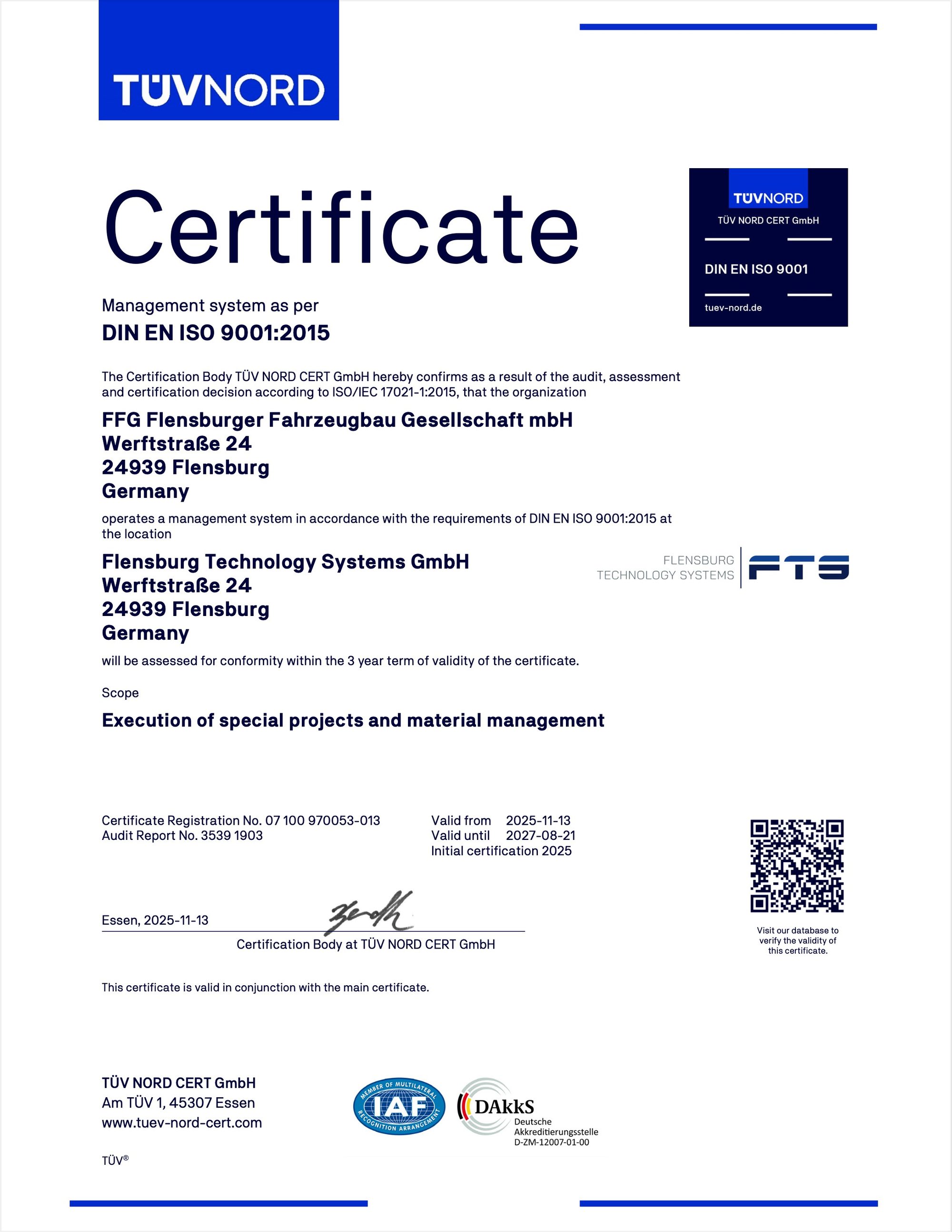 Quality management certificate according to DIN EN ISO 9001:2015