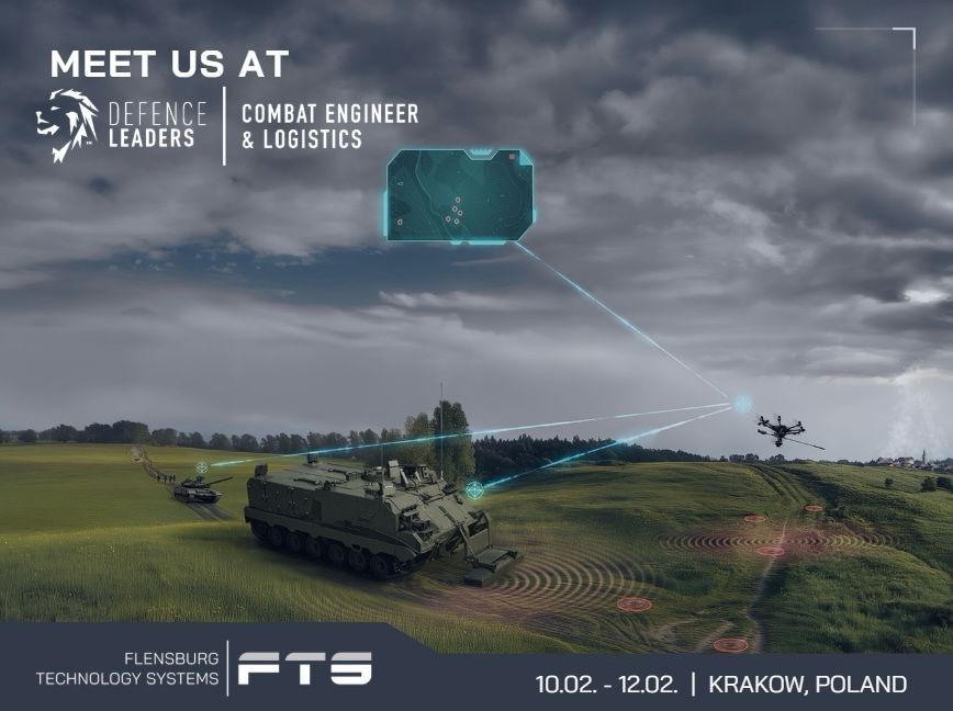 Event graphic with a tracked vehicle and drone: “Meet us at Defence Leaders”