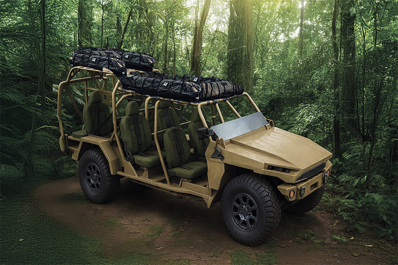 Light open-frame vehicle with a camouflage kit in a forest