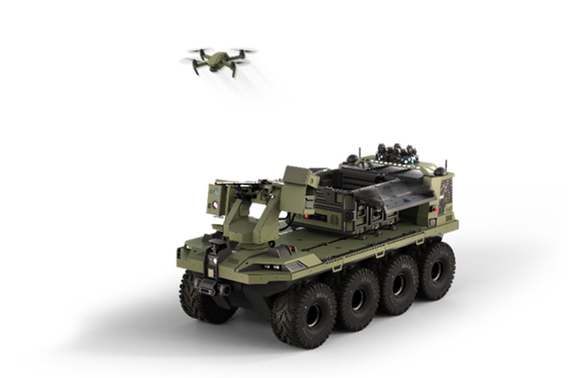 Eight-wheeled unmanned ground vehicle with a drone above it