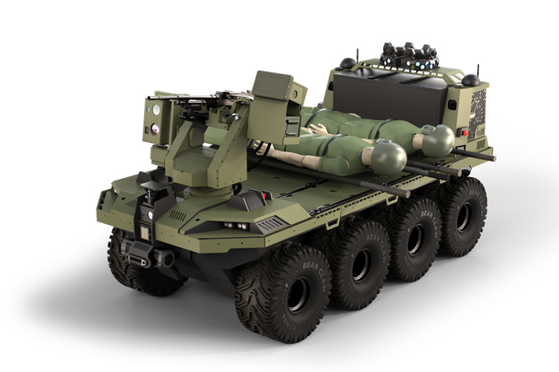 Eight-wheeled unmanned ground vehicle carrying a stretcher