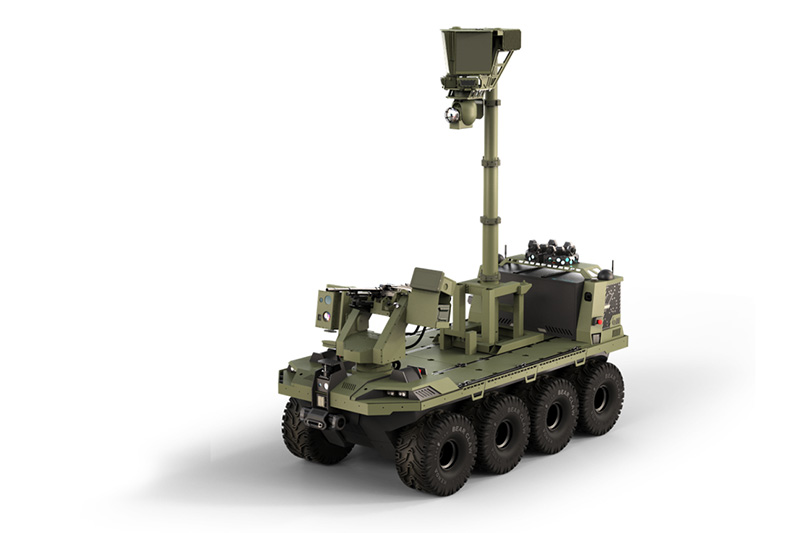 Eight-wheeled unmanned ground vehicle with a tall sensor mast