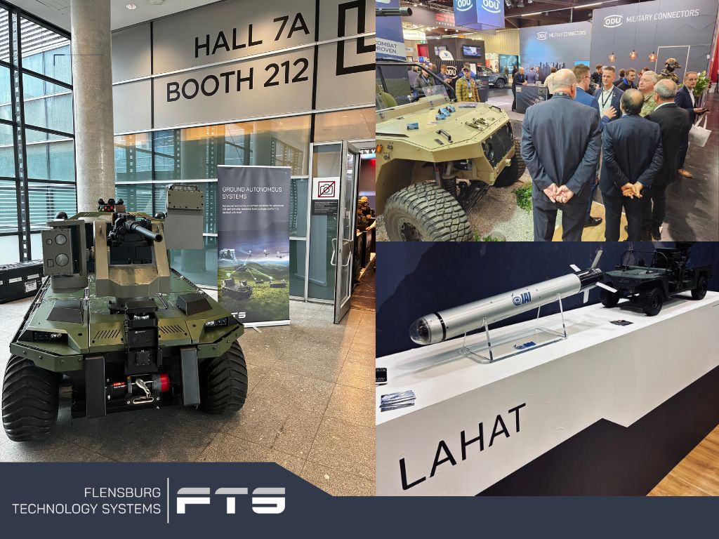Collage of an exhibition booth with vehicles, products and visitors