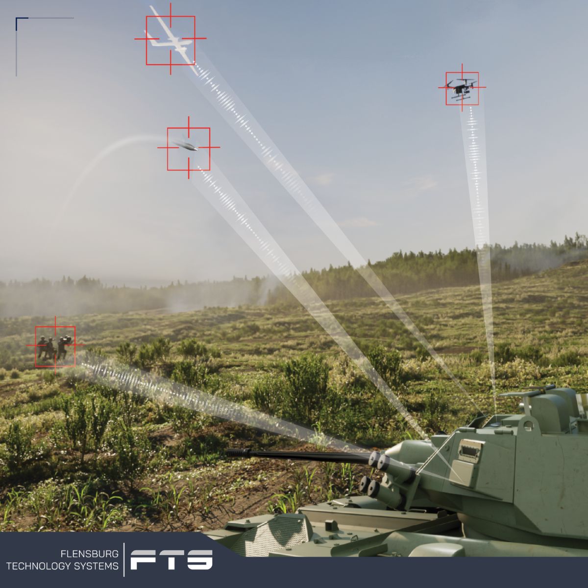 Illustration of an armored vehicle engaging drones over a field
