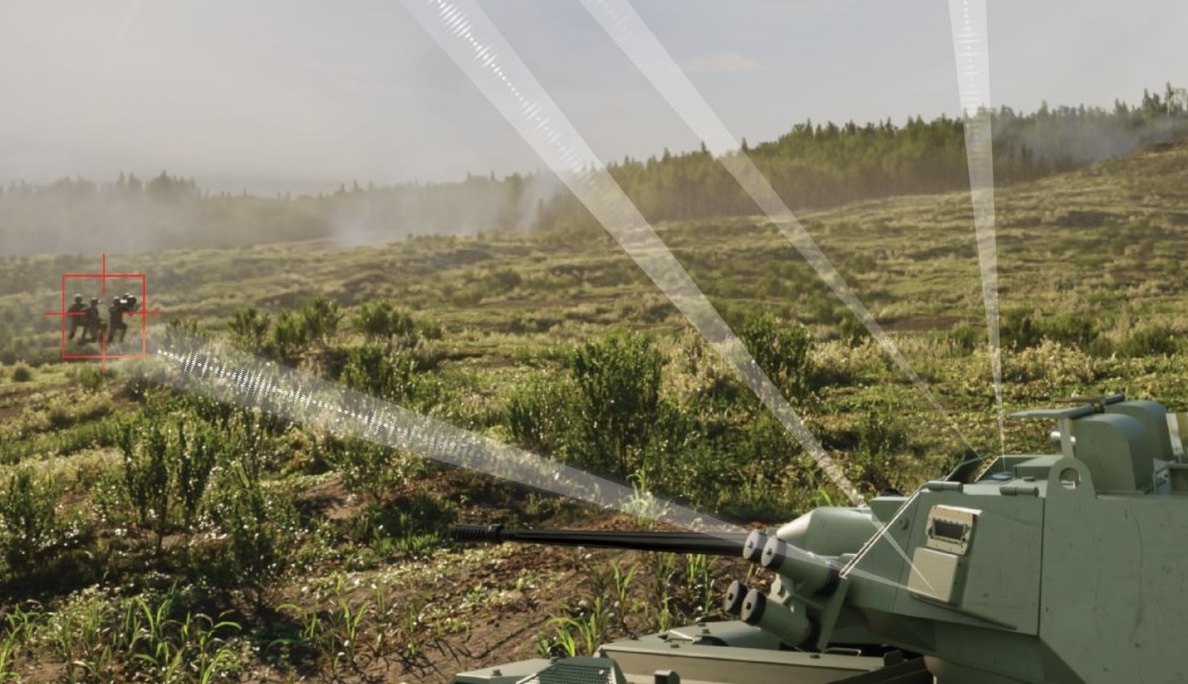 Illustration of an armored vehicle engaging a target over a field