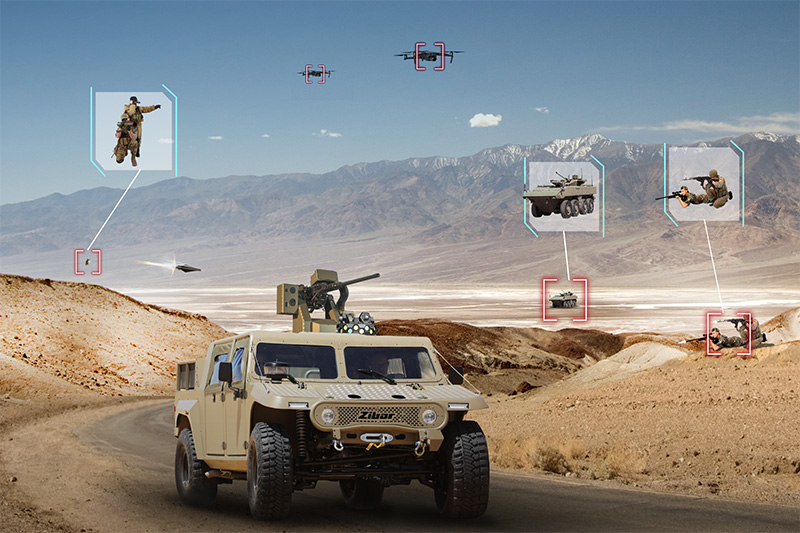 Illustration of a vehicle with weapon station detecting threats in the desert