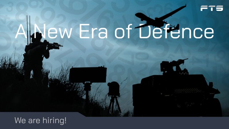 Silhouettes of soldier, drone and vehicle with the text “We are hiring!”