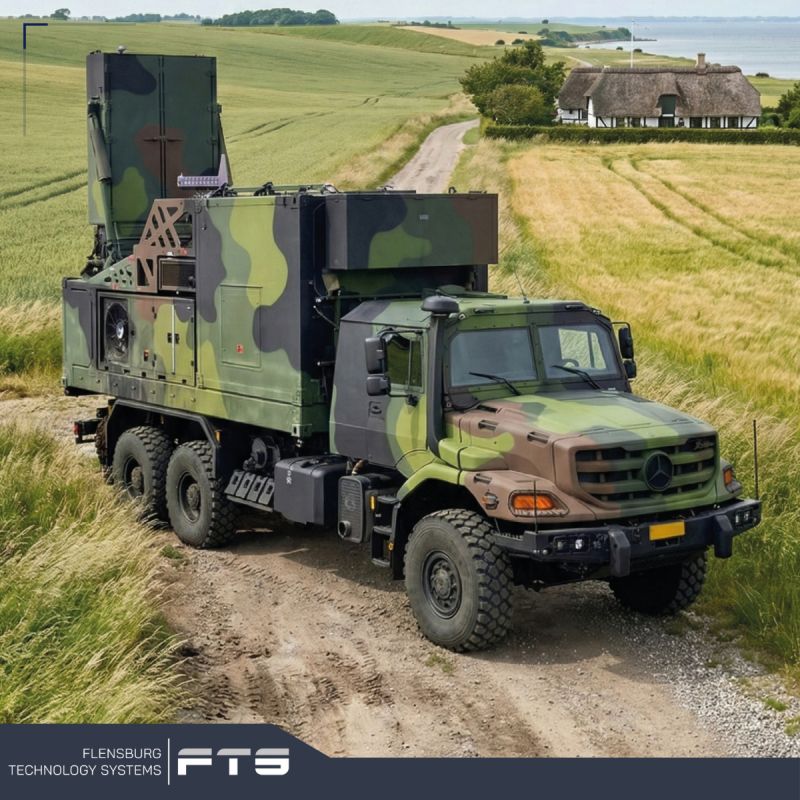 Camouflaged military truck with a radar unit on a country road