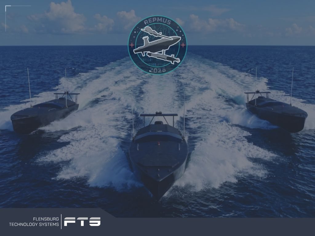 Graphic with unmanned surface vessels at sea and an exercise emblem