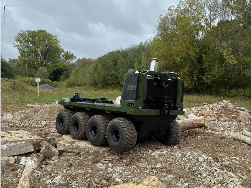Eight-wheeled unmanned ground vehicle on rubble in open terrain